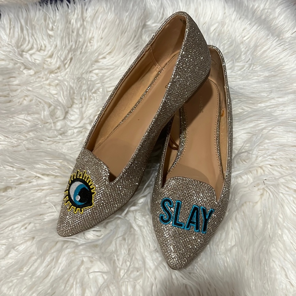 NWOT Shiny metallic silver embroidered “eye” “slay” ballet flats